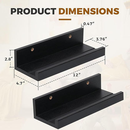 Muzilife 12" Small Floating Wall Ledge Shelves with Lip - Set of 2 Wood Floating Shelves - Black Wall Mounted Picture Ledge for Office, Bathroom, Bedroom, Living Room, Kitchen