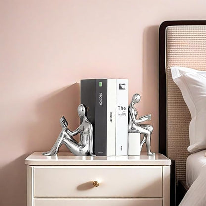 Home Decorative Reading Book Statue Bookends Elegant Ceramic Bookshelf Room Office Desk Decor,Paper Weights, Book Ends,Bookend Supports, Book Stoppers, Set of 2 (Silver)
