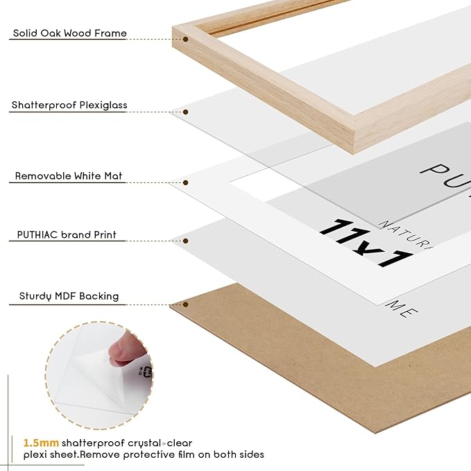 puthiac 11x17 Solid Oak Wood Picture Frame, Fits 8x12 with Mat or 11x17 Without Mat, Wall Display Only, Vertical or Horizontal, Plexi Front, 3 Pack, Natural Oak