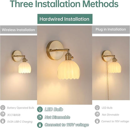 Vintage Wall Sconces with White Tulip Glass Lampshade 180 Degree Adjustable Brass Sconces Hradwired Modern Wall Lighting Fixture with Switch for Bedside Bedroom Doorway