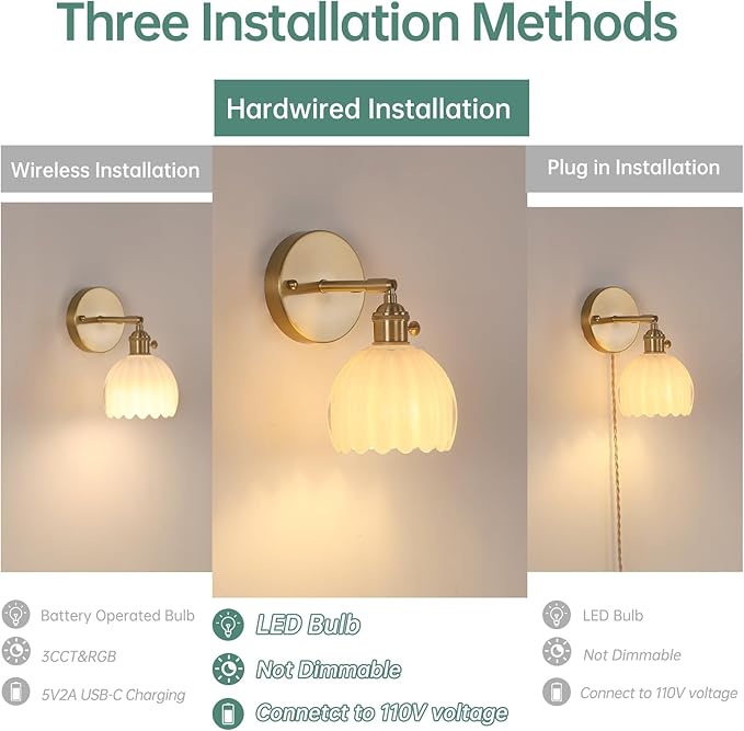 Vintage Wall Sconces with White Tulip Glass Lampshade 180 Degree Adjustable Brass Sconces Hradwired Modern Wall Lighting Fixture with Switch for Bedside Bedroom Doorway
