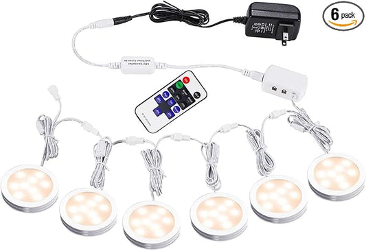 AIBOO Linkable Under Cabinet LED Lighting 12V Slim Aluminum Dimmable Puck Lights with RF Remote Control & UL Listed Transformer for Mood Lighting(6 Lights, Warm White)