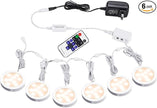 AIBOO Linkable Under Cabinet LED Lighting 12V Slim Aluminum Dimmable Puck Lights with RF Remote Control & UL Listed Transformer for Mood Lighting(6 Lights, Warm White)
