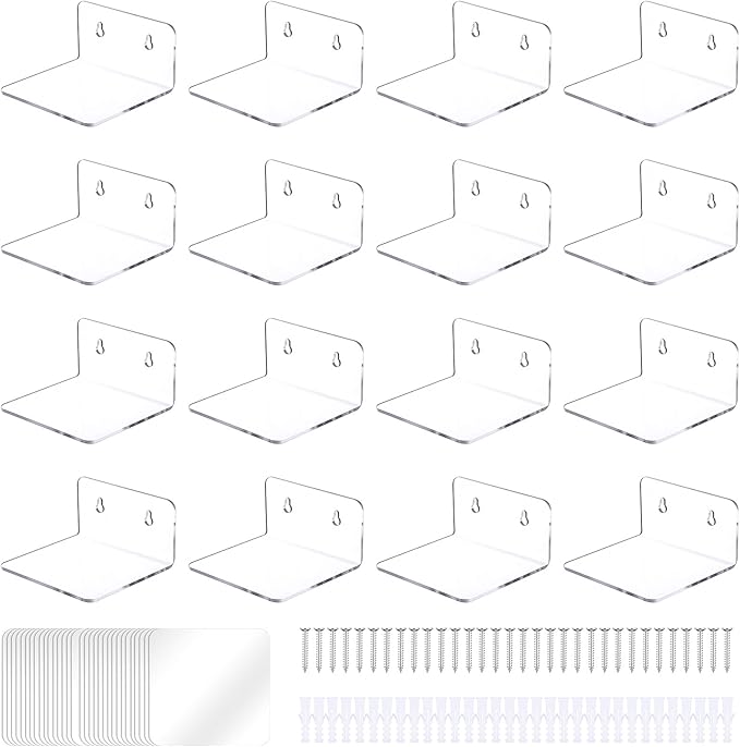 16 Pack Acrylic Small Shelf, Mini Floating Wall Shelf, Wall-Mounted Storage Shelves, for Pop Figures,Plant, Picture Photo Modern Wall for Office Bedroom Living Room, Clear
