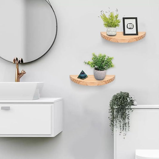 Small Floating Plant Shelves Set of 2 - Rustic Wood Half Circle Shelves for Bedroom Living Room Bathroom Kitchen Office (Natural)