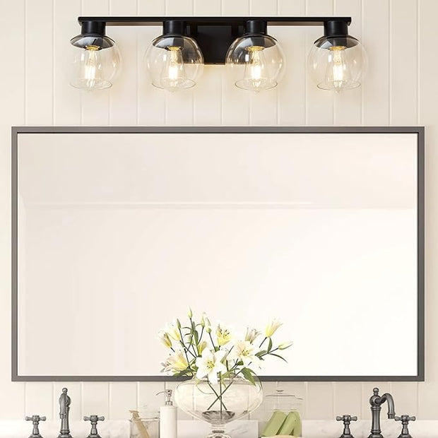 PAZALA 4-Lights Bathroom Vanity Light, Modern Bathroom Lighting Fixtures with Globe Glass Shade, 30in Matte Black Wall Sconce for Bath Over Mirror Kitchen Cabinet Bedroom Hallway Farmhouse, E26 Base