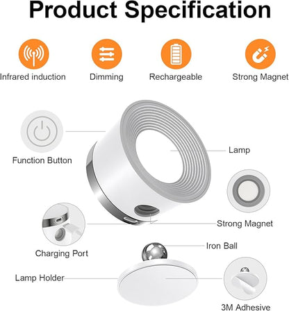 Moobibear Motion Sensor Wall Light Indoor 2Pcs, 3500mAh Rechargeable Battery Operated LED Wall Light, Wall Lamp Wireless with 360 ° Rotation, 3 Color Temperatures for Bedroom, Study, Corridor, Picture