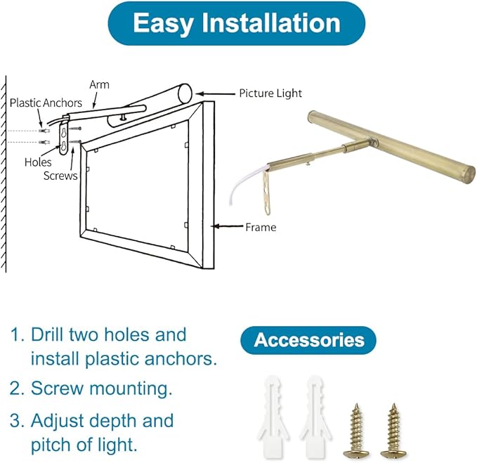 LED Picture Lights for Paintings Plug in, 14 Inch 4W Adjustable Art Light Gallery Wall Light for Display Art Work, Antique Brass Finish, CRI90+, 3000K Warm White, ETL Listed