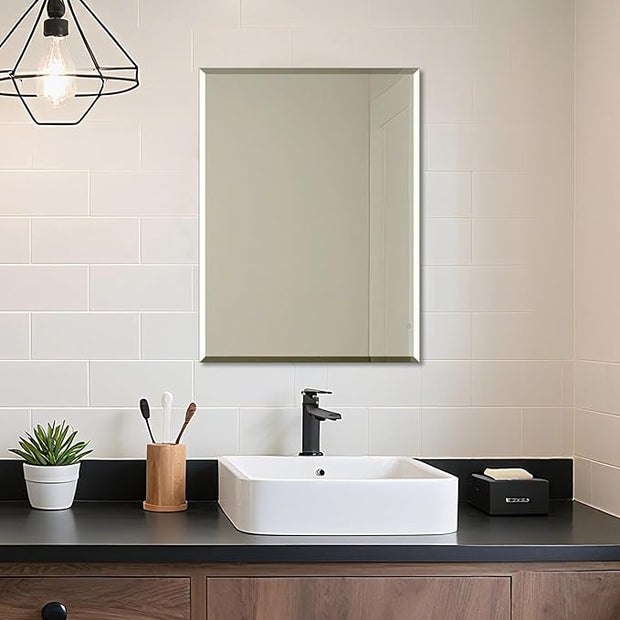 Frameless Bathroom Mirror for Wall, Rectangle Beveled Edge Mirror for Over Sink, Tempered Glass, Shatterproof, Hangs Horizontally or Vertically for Living Room, Entryway, Restroom, 32" x 24"