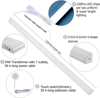 12" V-Shape Diffused LED Strip Light Bars Kit,Aluminum Channel Lights with Touch Sensor for Under Cabinet,Gun Safe,Closet,Under Counter,Book Shelf,Display Showcase,6000K White,6Pack