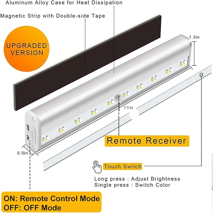 Diomart Under Cabinet Lighting, Wireless Rechargeable Under Counter Lights with Remote Control, 20- LED Dimmable Led Closet Light Stick-on Anywhere Touch Night Light for Kitchen, Wardrobe (4 Pcs)