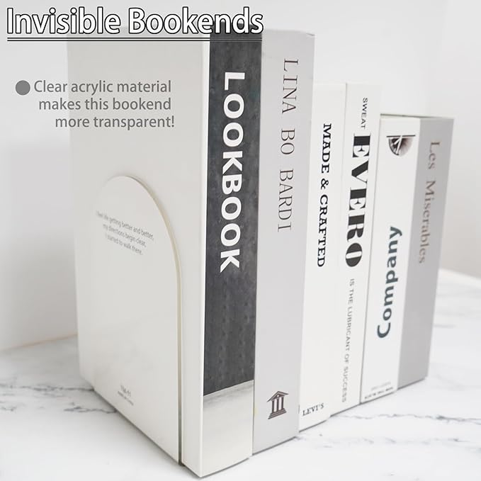 Merrynine Book Ends, 2 Pcs Acrylic Bookends for Shelves, Clear Book Holder, Plastic Bookends for Heavy Books, Book Stopper Organizer for Shelves, Desk, Office, School, 3.93