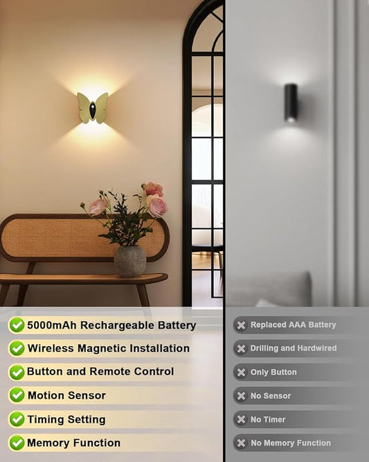 Magnetic Motion Sensor Wall Light: 5000mAh Rechargeable Battery Powered Wall Sconce Set of 2 with Remote, 3 Colors Wireless Wall Lamp LED Up and Down Wall Sconce for Hallway Stairway Bedroom, Gold