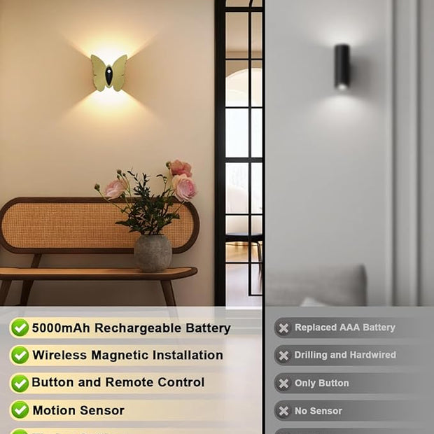 Magnetic Motion Sensor Wall Light: 5000mAh Rechargeable Battery Powered Wall Sconce Set of 2 with Remote, 3 Colors Wireless Wall Lamp LED Up and Down Wall Sconce for Hallway Stairway Bedroom, Gold