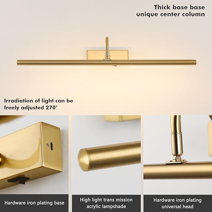 Wireless Picture Lights for Wall Rechargeable, Battery Operated Art Light for Paintings, 3CCT Dimmable 24inch Brass Finish with Remote, 10000mAh Rotatable Gallery Light for Pictures Display