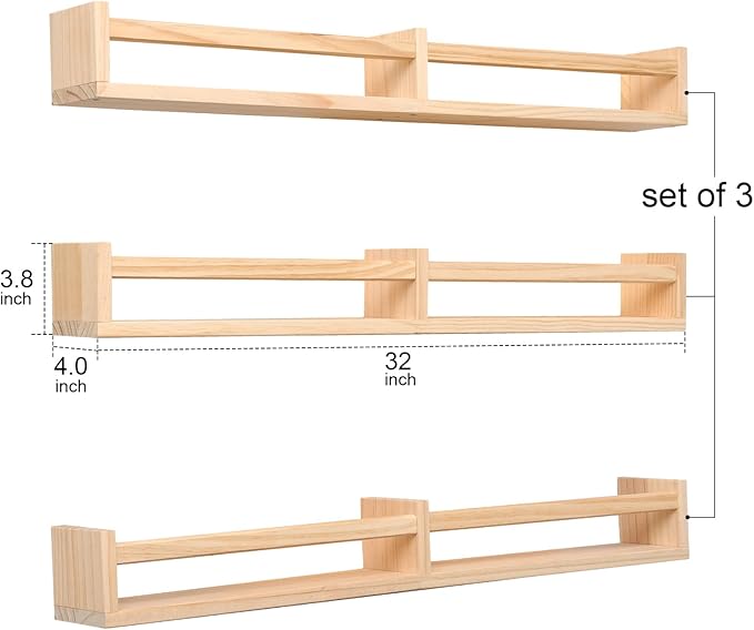 Nursry Shelves 32 inches Set of 3,Wood Floating Nursery Book Shelves for Wall,Wall Bookshelves for Kids,Transform Your Nursery into a Safe & Stylish Haven with Natural Wood Floating Shelves.
