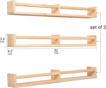 Nursry Shelves 32 inches Set of 3,Wood Floating Nursery Book Shelves for Wall,Wall Bookshelves for Kids,Transform Your Nursery into a Safe & Stylish Haven with Natural Wood Floating Shelves.