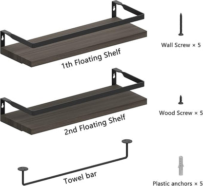 Home Decor Floating Shelves, Wall Shelves with Towel Bar, Bathroom Wall Decor, Floating Shelves Wood for Living Room/Kitchen/Bedroom, (Black-Black) Floating Bathroom Shelves