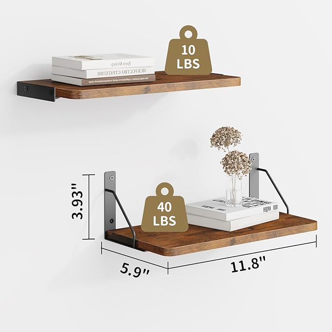 Wooden Floating Shelves for Wall, Floating Shelf for Bedroom Kitchen Decor, Wall Mounted Rustic Farmhouse Wood Shelf for Books, Plants, Set of 3(Rustic Brown, M (Rectangular))