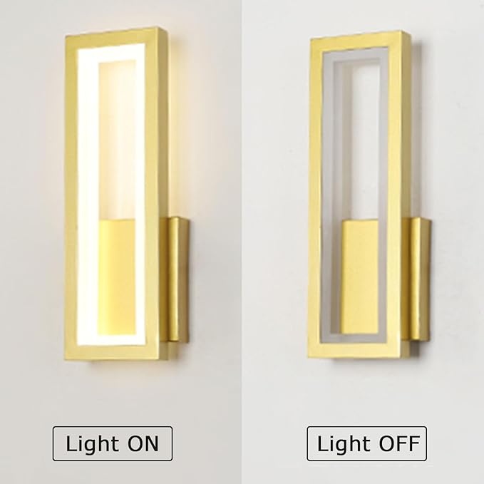 Indoor LED Wall Light Dimmable 16W Gold Modern Simple Rectangle Wall Lamp Aluminum & Acryli Decorative Wall Lighting for Bedroom Bedside Living Room Stairs Corridor