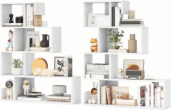 Giantex 5-Tier S-Shaped Bookshelf, Geometric Bookcase w/Open Cubes, Modern Decorative Display Shelf w/Anti-Toppling Kits, Freestanding Storage Rack for Living Room, Study, Home, Office (2, White)