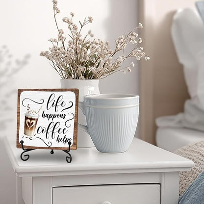 Coffee Lover Gifts for Women Men, Wooden Sign With Stand, Funny Coffee Bar Accessories for Farmhouse Home Kitchen Table, Table Decorations Supplies, Desk Shelf Cubicles for Bar Decoration Plaque Gifts