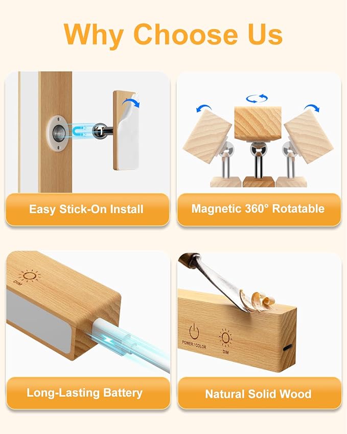 Rechargeable Wood Wall Lights with Remote & Touch, 5200mAh Battery Operated Wall Sconce 3 Color Temperatures & RGB. Magnetic, Stick-On, Dimmable Wall Reading Lamp for Bedroom, Living Room, Picture