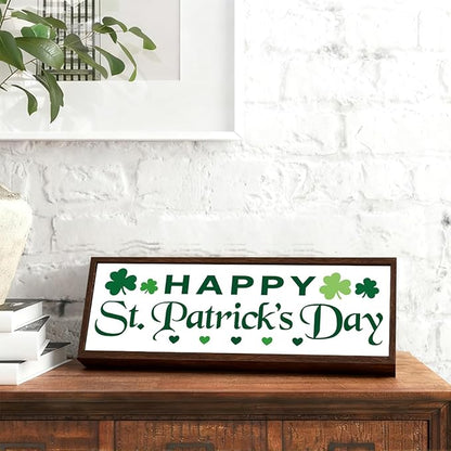 Happy St. Patrick's Day Wooden Table Sign, Farmhouse Framed Block Signs, Shamrock Decors, Clover Beautiful Home Decor Sign, Shelf Tabletop Decoration, Irish Gift, 9.5x3.1x1 inches