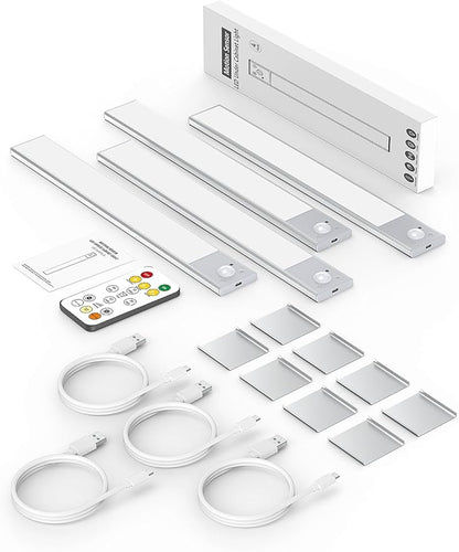 12" Ultra-Thin Under Cabinet Lighting Wireless, Aluminum Alloy Under Counter Lights for Kitchen, 3-Color-Temps Magnetic Closet Lights, Rechargeable Motion Sensor Light Indoor (4 Pack, Silver)