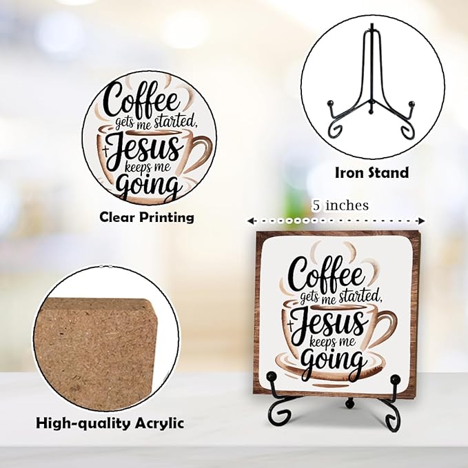 Coffee Gets Me Started Jesus Keeps Me Going - 5'' Rustic Cafe Wooden Sign With Metal Stand - Religion Wooden Plaque Tabletop Decor Gifts For Coffee Lover Christians - Home Kitchen Decor & Supplies-B05