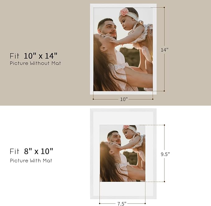 puthiac 10x14 Solid Oak Wood Picture Frame, Fits 8x10 with Mat or 10x14 Without Mat, Wall Display Only, Vertical or Horizontal, Plexi Front, 1 Pack, White