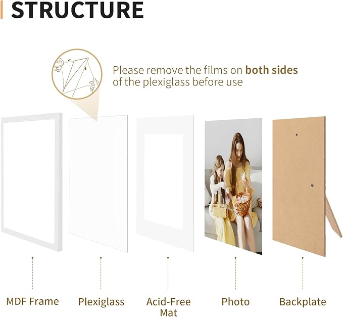 8x10 Picture Frame Set of 4, Displays 5x7 with Mat or 8x10 Without Mat, Photo Frames for Wall Hanging or Tabletop, Includes HD Plexiglass, White