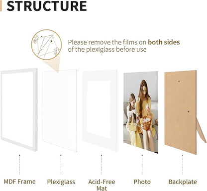 8x10 Picture Frame Set of 4, Displays 5x7 with Mat or 8x10 Without Mat, Photo Frames for Wall Hanging or Tabletop, Includes HD Plexiglass, White