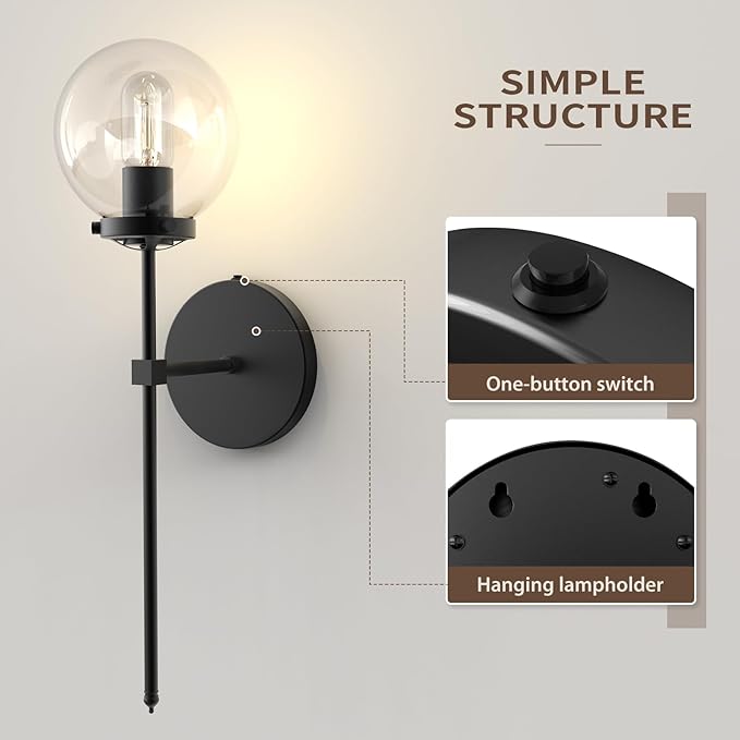 C03 Battery Operated Wall Sconce No Wired Rechargeable Wall Lamp with Clear Glass Shade Easy to Install Cordless Wall Light Fixtures for Bathroom Hallway Kitchen Mirror Black(Bulb Included)