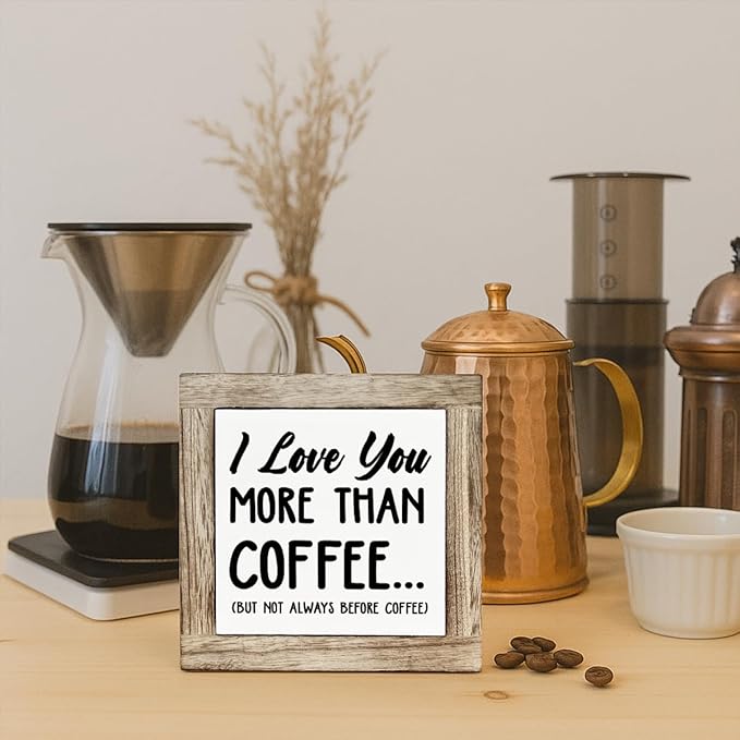 Coffee Bar Decor, I Love You More Than Coffee, Rustic Wooden Block Sign Decor, Home Office Tabletop Shelf Decoration, Wood Box Signs for Kitchen Cafe Bar 5.9×5.9 inch