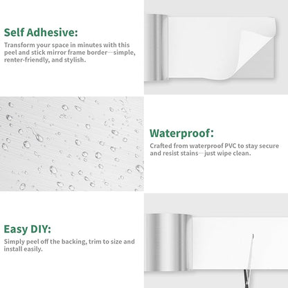 Peel and Stick Wallpaper Borders 390” x 4” Self Adhesive Mirror Frame Border Brushed DIY for Kitchen Bathroom Mirror Removal Border Sticker Wall Decor Cover 10.8 Sq.Ft, Brushed Sliver