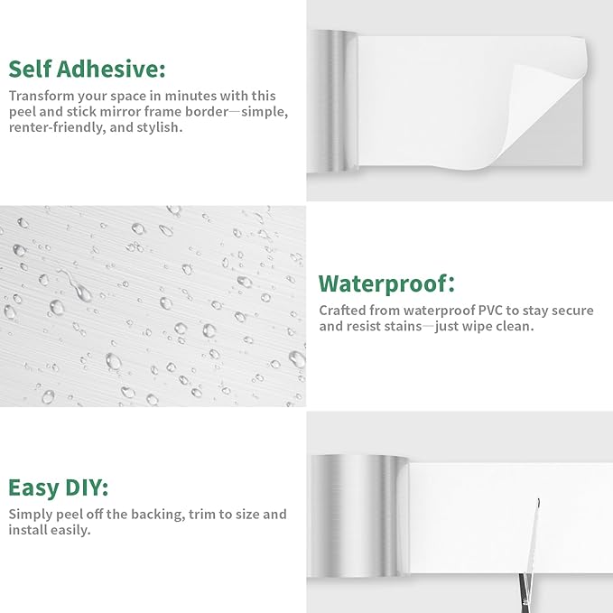 Peel and Stick Wallpaper Borders 390” x 2.36” Self Adhesive Mirror Frame Border Brushed DIY for Kitchen Bathroom Mirror Removal Border Sticker Wall Decor Cover 6.4 Sq.Ft, Brushed Sliver