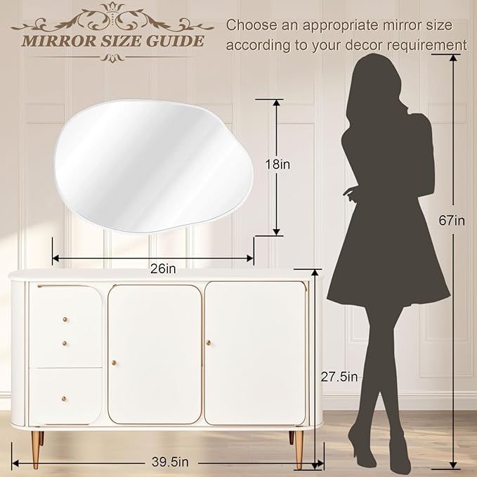 Irregular Wall Mirror Asymmetrical Mirrors, 18''x26'' Metal Framed Mirror for Bathroom Bedroom Living Room Entryway, Decorative Modern Aluminum Alloy Wall Decor, White
