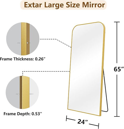 Koonmi Full Length Mirror, 65"x24" Mirror Full Length with Stand, Gold Domed Top Square-Edged Floor Mirror with Aluminum Alloy Frame for Bedroom Living Room