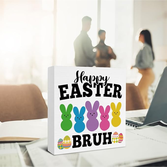 Easter Decor - Happy Easter Bruh Wooden Sign Home Living Room Bedroom Kitchen Bathroom Desk Table Shelf Decor - 5 x 5 Inches