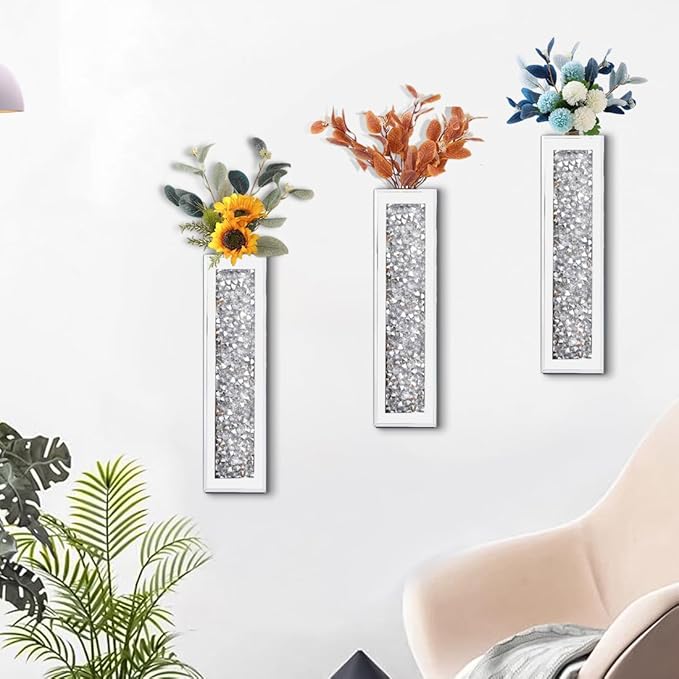 Silver wall Decor Mirrored Vase Set of 3,Crystal Crush Diamond Flower Vase,Stunning Decorative Glass Hanging Planter & Container for Home Wall Decor.Befit for Faux Plants.Can't Hold Water.