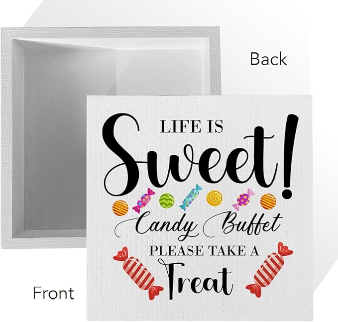 Candy Lover Artwork Wood Box Sign Rustic Farmhouse Style Life Is Sweet Candy Buffet Wood Block Plaque 5 X 5 Inches Home Desk Sign Decor for Presents