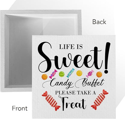 Candy Lover Artwork Wood Box Sign Rustic Farmhouse Style Life Is Sweet Candy Buffet Wood Block Plaque 5 X 5 Inches Home Desk Sign Decor for Presents