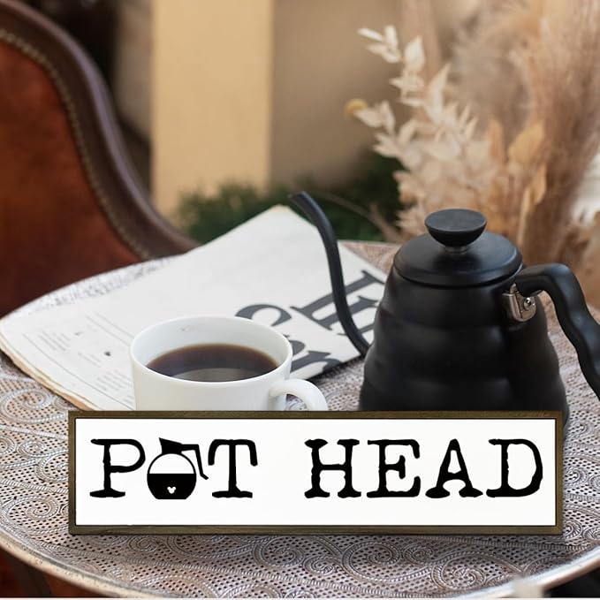 Coffee Decor Sign, Country Farmhouse Wooden Hanging Signs, Coffees Lover Home Decor, Kitchen Decors for Tabletop Shelf, Coffee Station Decors, Pot Head Sign, 17.8x4x1.2 inches