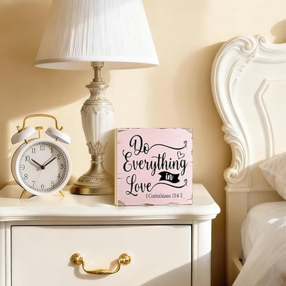 Do Everything In Love Corinthians 13:4-5 Bible Verse Wood Block Plaque Box Sign for Home Living Room Coffee House Bar Shelf Table Office Decoration, Valentine's Day Housewarming Home Decor