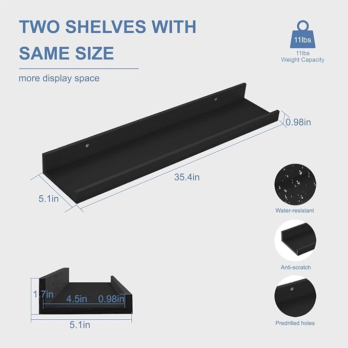 36inch Floating Picture Ledge Shelves 2-Pack, Black Wall Mounted Shelves with Lip for Nursery, Kids Room, Living Room & Bedroom, Sturdy Floating Book Shelves for Photo Frames & Decor