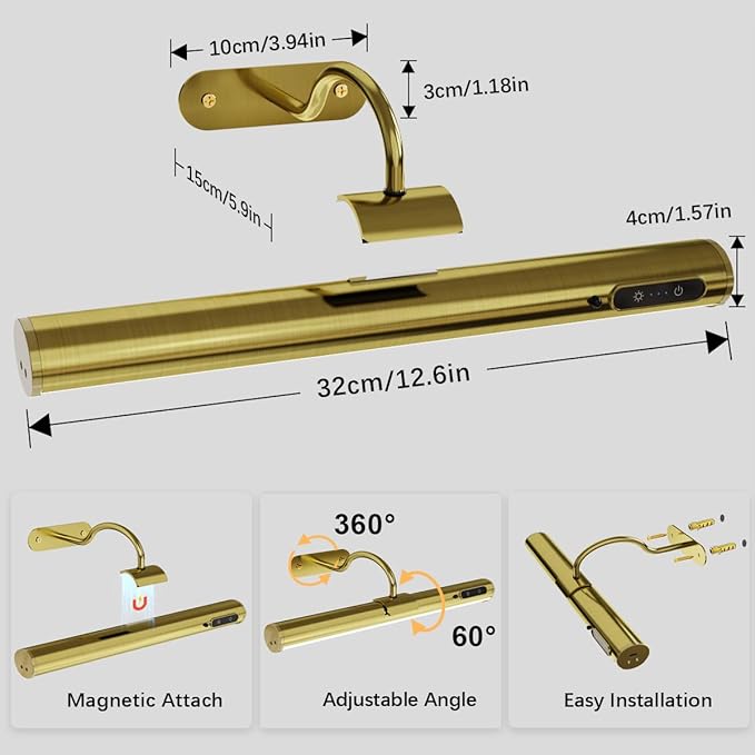 Wireless Rechargeable Picture Lights for Wall, Battery Operated Art Sconce with Remote Control, Magnetic LED Picture Frame Lamp for Painting Mirror Portrait Gallery Dart Board Indoor - Antique Brass