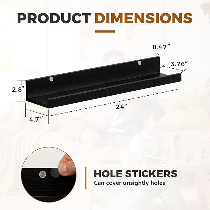 Muzilife 24" Small Floating Wall Ledge Shelves with Lip - Set of 2 Wood Floating Shelves - Black Wall Mounted Picture Ledge for Office, Bathroom, Bedroom, Living Room, Kitchen