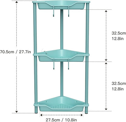 Orimade Rustproof 3 Tier Floor Standing Corner Shower Caddy Organizer, Plastic Metal Splicing Floor Corner Shelf Rack Stands for Bathroom, Blue