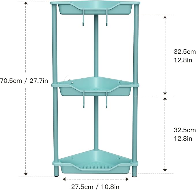 Orimade Rustproof 3 Tier Floor Standing Corner Shower Caddy Organizer, Plastic Metal Splicing Floor Corner Shelf Rack Stands for Bathroom, Blue